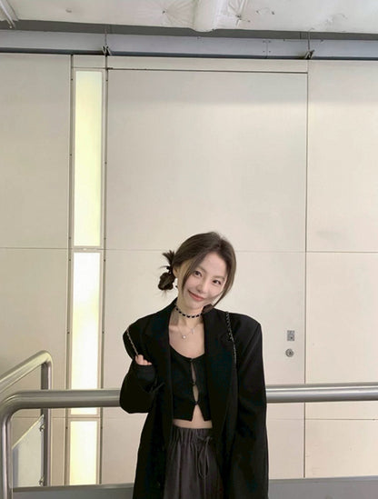 Fri. 女團甜心性感蠻腰排扣上衣 粉/黑/奶綠