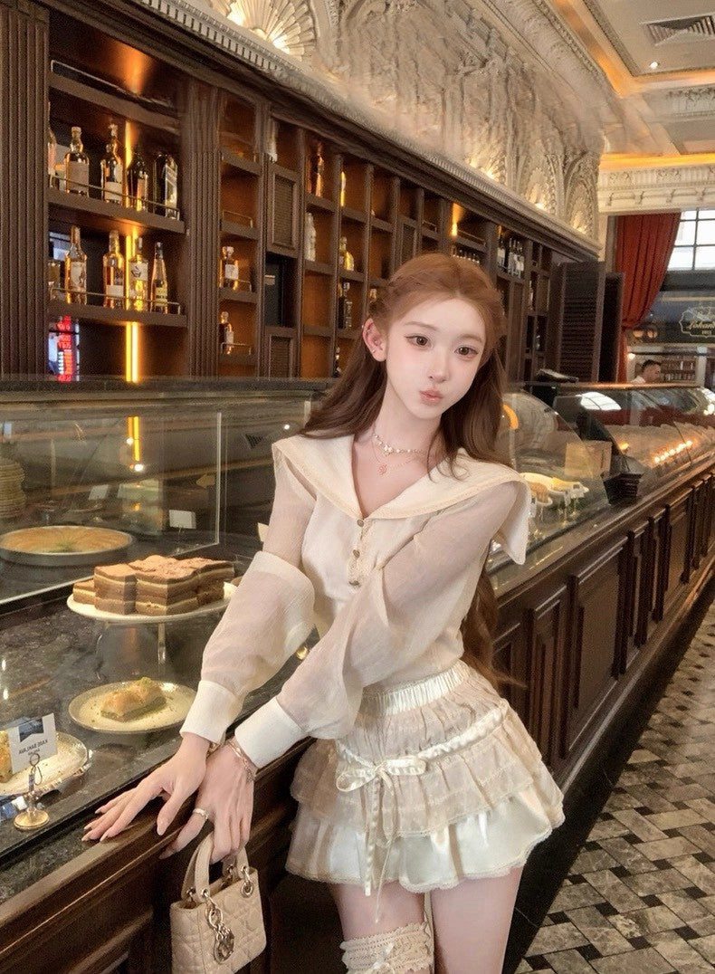 Tue. 卡其圓舞曲手打蝴蝶結翻領襯衫 可愛蛋糕褲裙