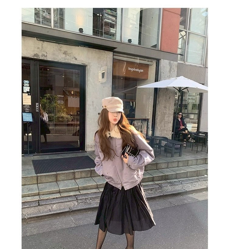 Thu. 橡子街巴恩風拼接毛領工裝外套 紫/米白