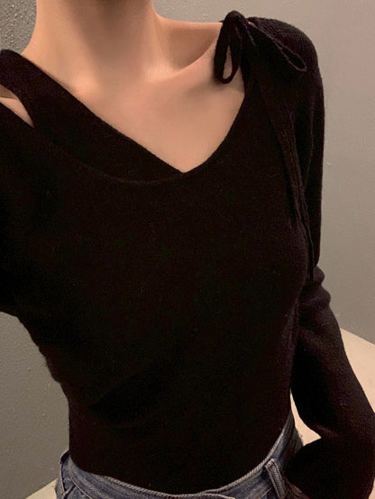 Mon. 不規則設計針織拼接長袖上衣 杏/黑