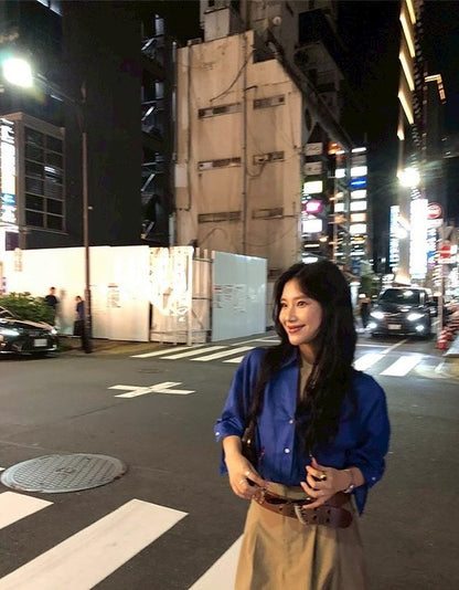 Mon. 寶石藍萾麻棉寬鬆慵懶襯衫