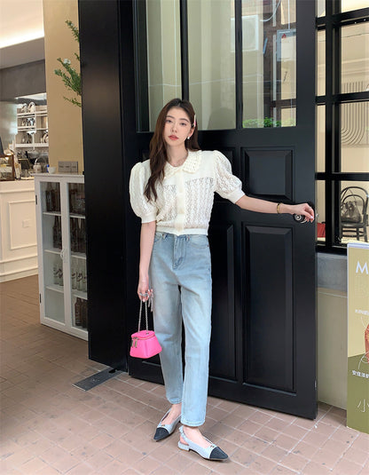 Thu. 氣質繡花縷空上衣 白