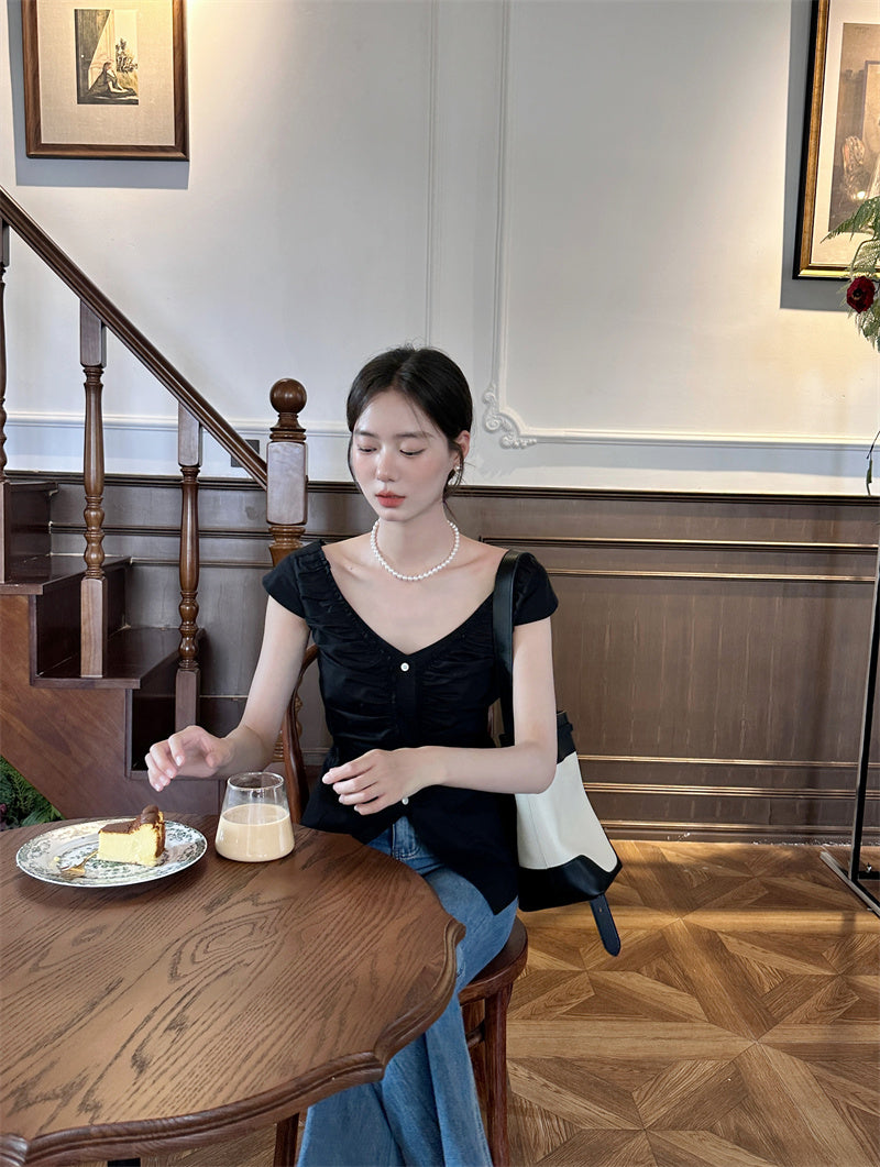 Thu. 法式抓皺大領上衣 黑