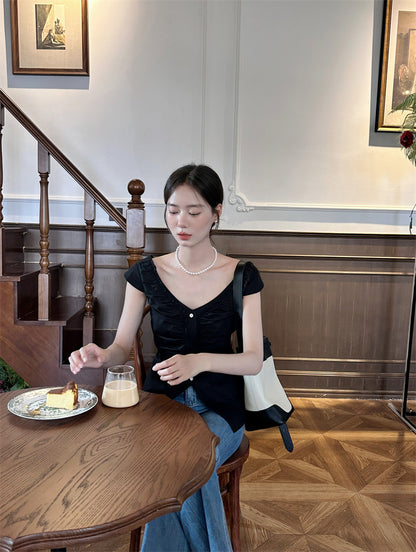 Thu. 法式抓皺大領上衣 黑