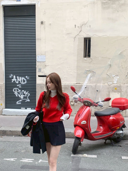 Fri. 賽爾畔冬日毛衣泡泡袖短款上衣 紅