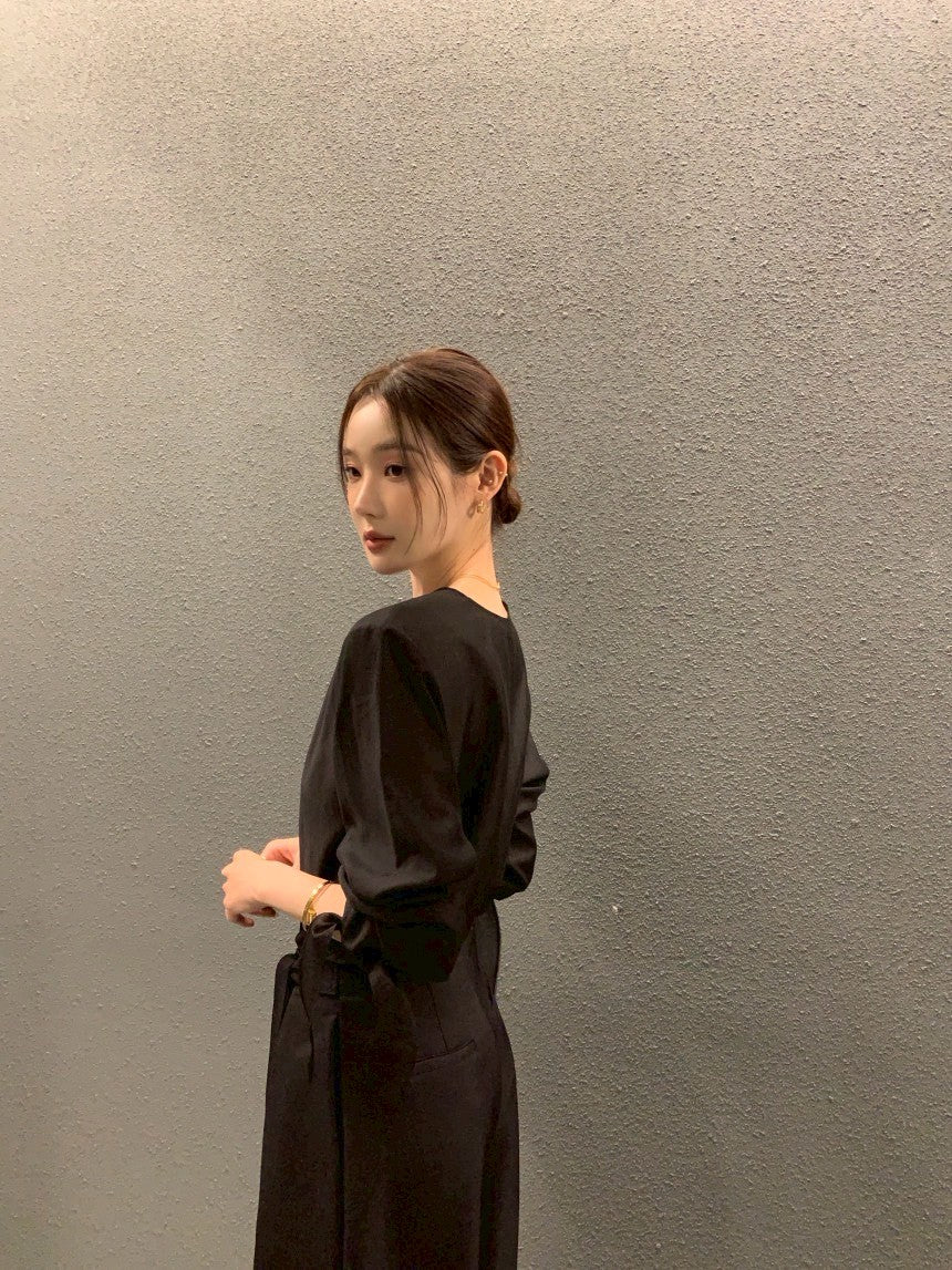 Thu. 春夏chic韓系簡約蝴蝶結綁袖上衣 灰色/黑色
