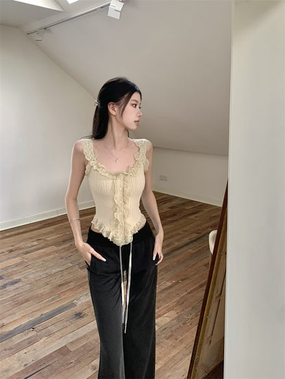 Fri. 復古蕾絲繞邊馬甲背心 卡其/黑