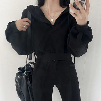 Mon. 元氣女孩百搭連帽短款上衣 白/黑（加購不單售）