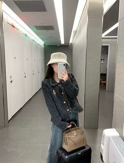 Fri. 灰金系列低奢老錢粗編毛衣外套