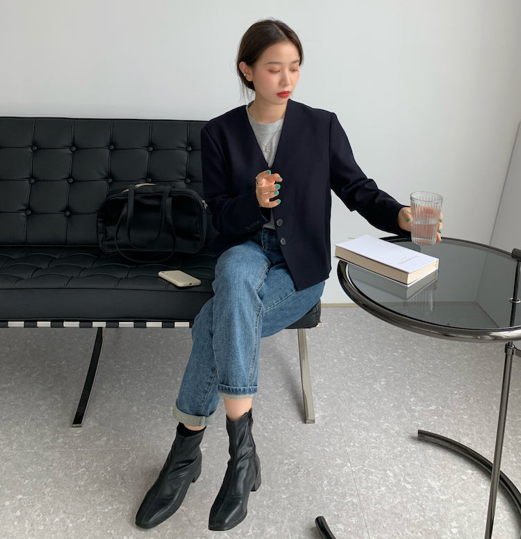 Mon. v領短版鈕釦西裝外套 深藍