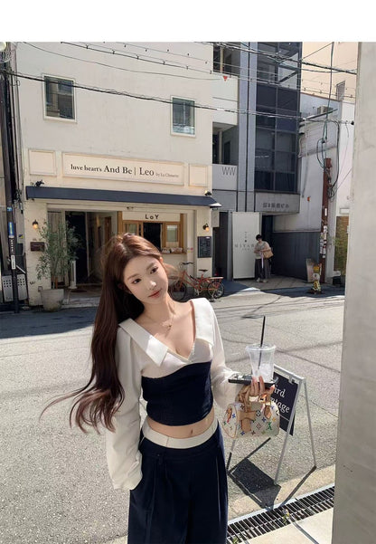 Thu. 韓女vibe鬆弛慵懶拼色襯衫休閒褲套裝