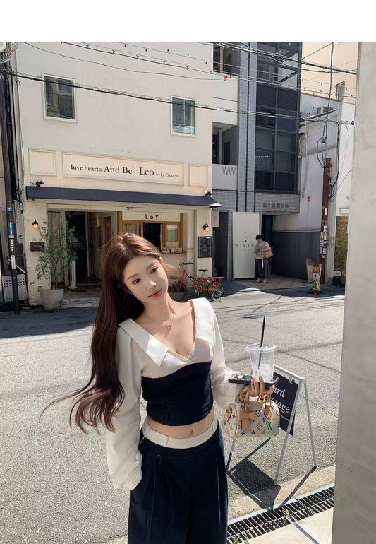 Thu. 韓女vibe鬆弛慵懶拼色襯衫休閒褲套裝