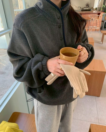 Mon. 暖呼羊羔毛立領保暖衛衣 淺灰/深灰