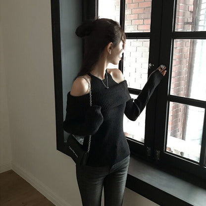 Mon. 純慾滿分 假兩件式露肩修身針織上衣 黑