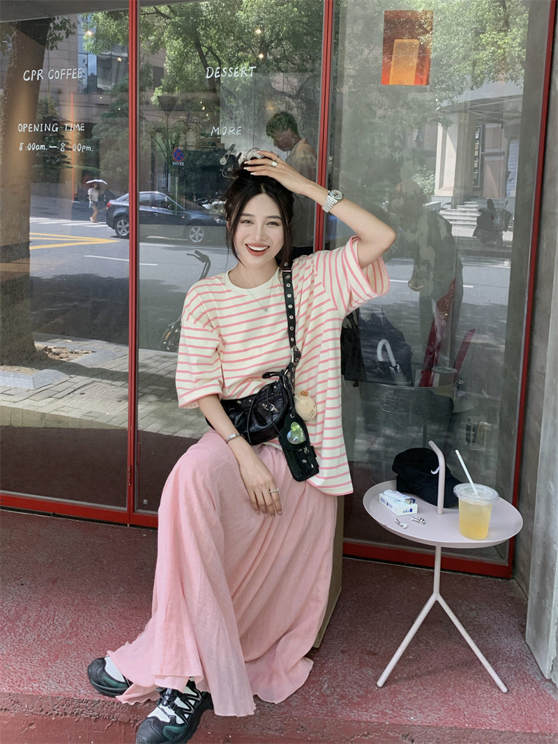 Tue. 夏日條紋圓領上衣 粉