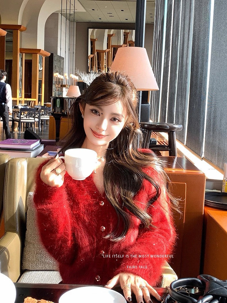 Tue. Wink絨感鎏金仿兔絨亮紗紅開衫