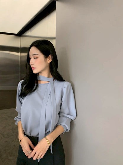 Fri. 法式新款掛脖飄帶氣質上衣 粉/藍