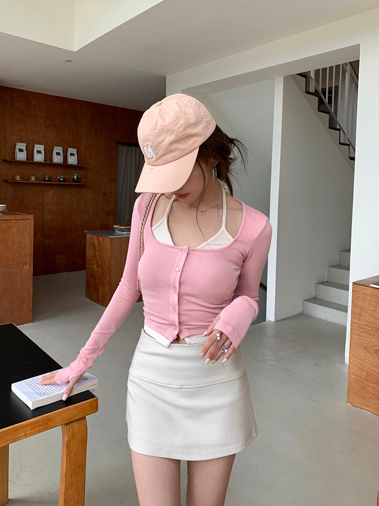 Wed. 假兩件式綁脖針織衫 粉