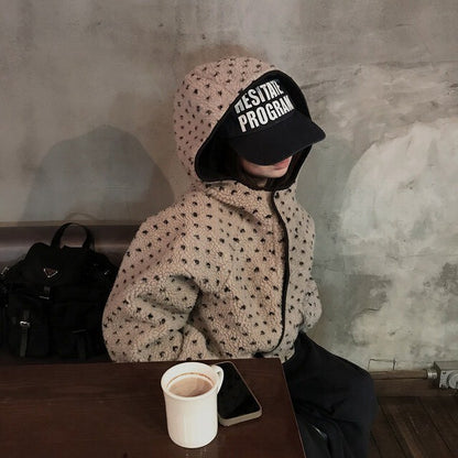 Fri. 熱呼便利店愛心波點羊羔毛連帽外套 咖/灰