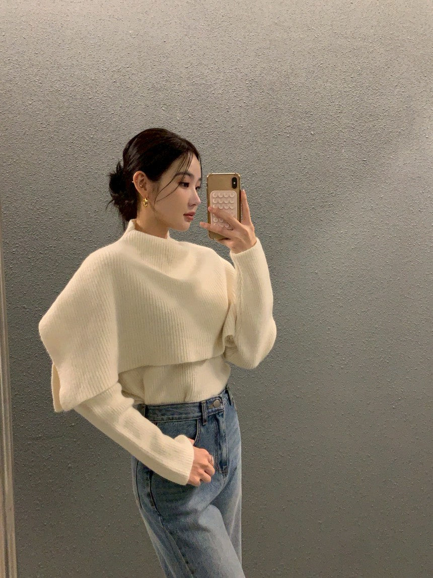 Fri. 斗篷疊穿氣質針織顯瘦2件式上衣 杏/黑