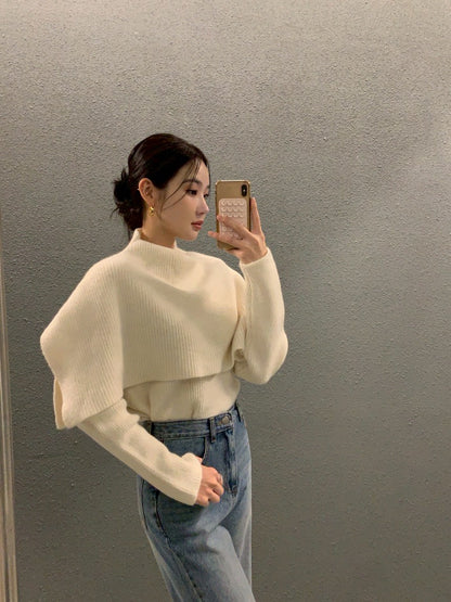 Fri. 斗篷疊穿氣質針織顯瘦2件式上衣 杏/黑