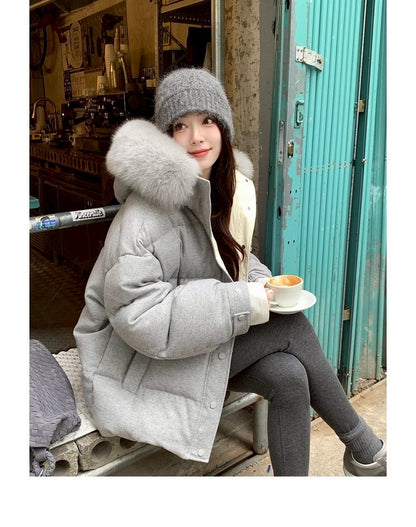 Thu. 安心90白鴨絨斜紋吐司毛毛連帽羽絨外套