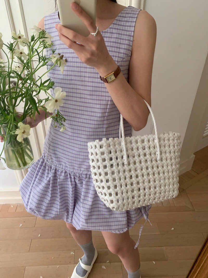 Mon. 紫色浪漫背心拼接花苞抽繩連身裙 格紋