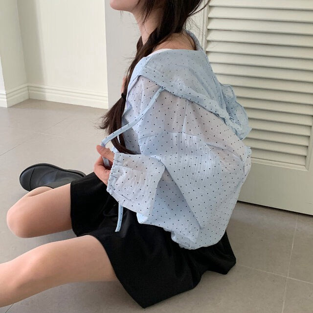 Tue. 日漫少女可愛連帽波點拉鏈外套 藍