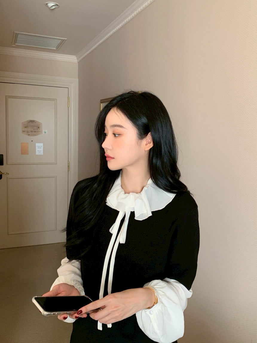 Mon. 夢幻娃娃撞色疊搭娃娃領白襯衫/黑毛衣