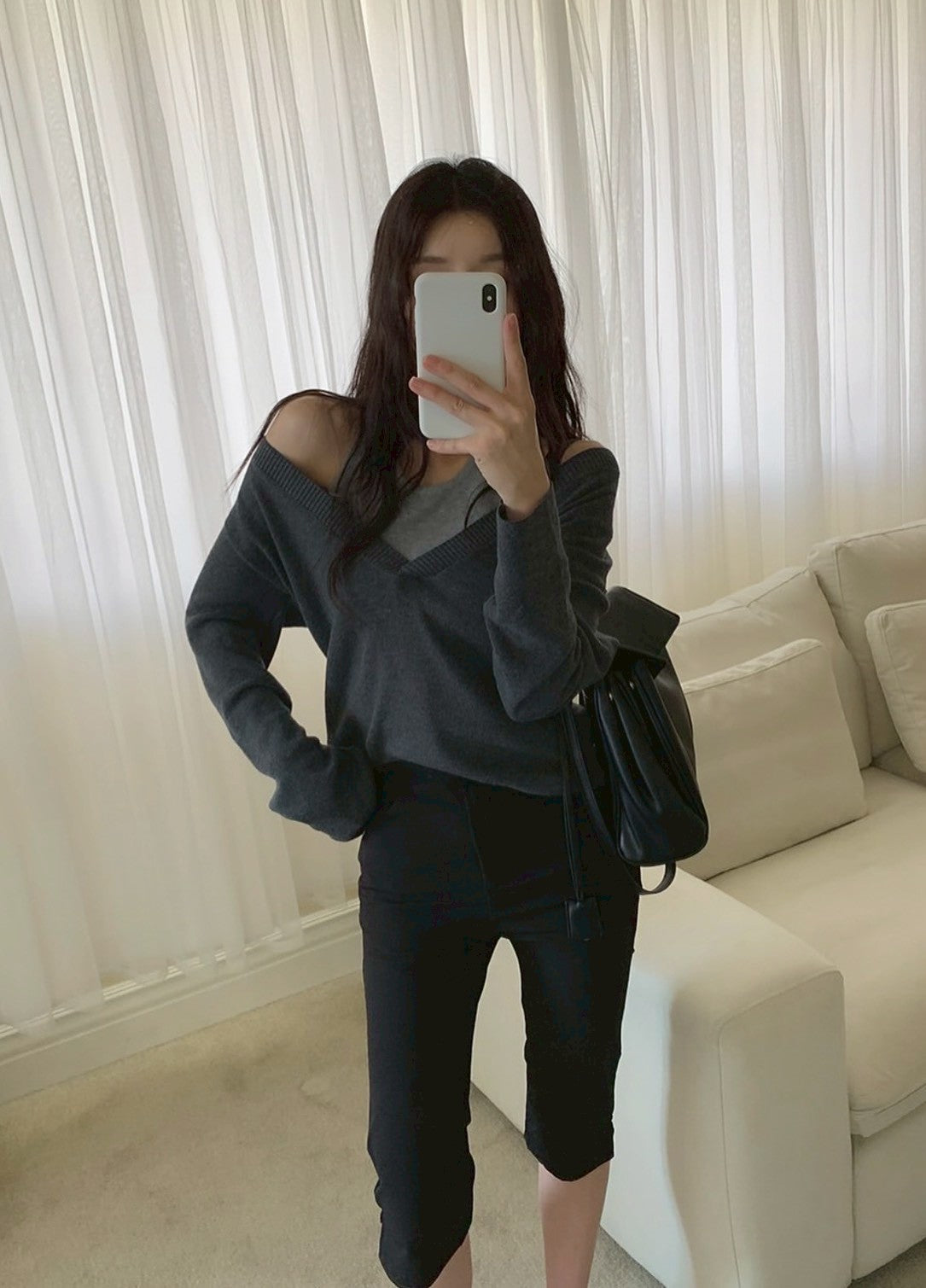 Fri. 氣質假兩件式撞色針織上衣 黑拼白/灰拼色