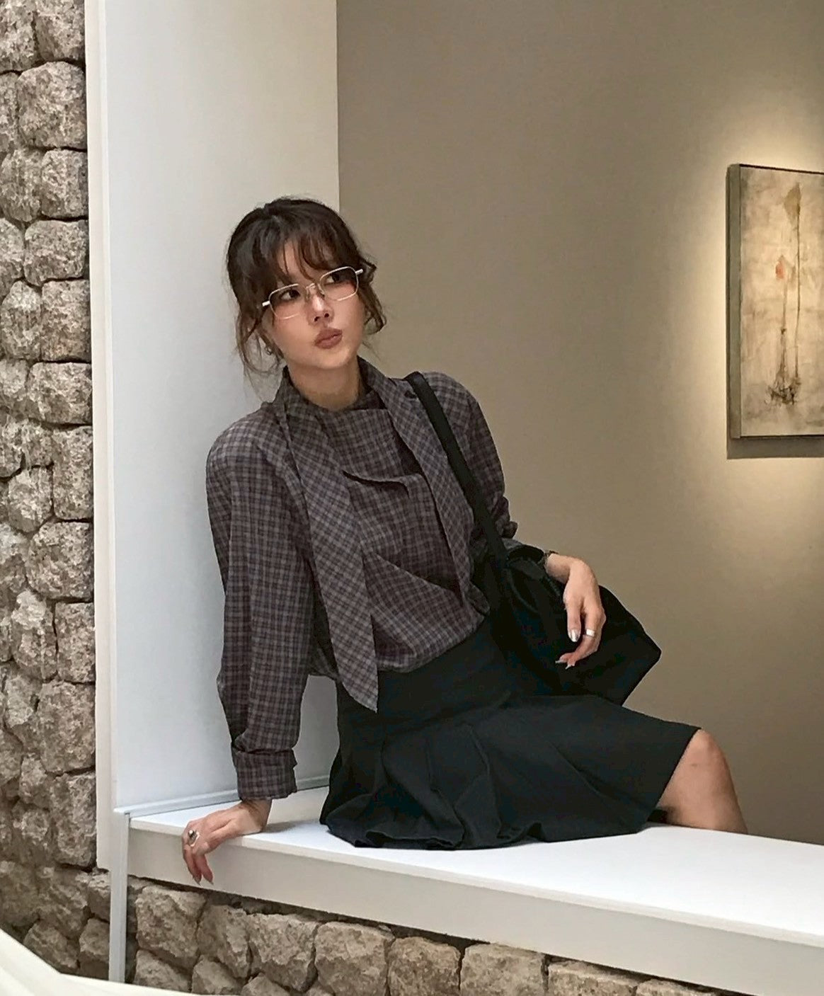 Mon. 復古格紋飄帶襯衫