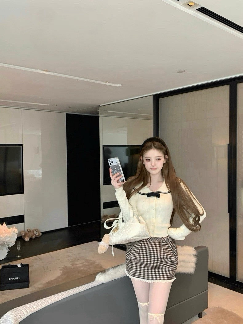 Tue. 韓女冬日海軍風撞色針織上衣 千鳥格紋裙