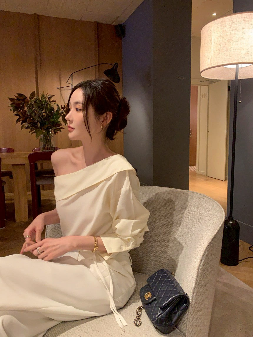 Mon. 優雅單肩翻領長袖襯衫 杏/黑