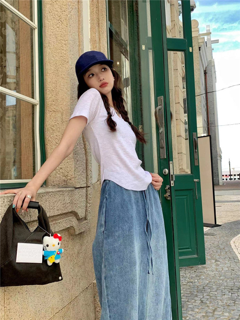 Thu. 牛仔繩綁帶鬆緊牛仔拖地長褲