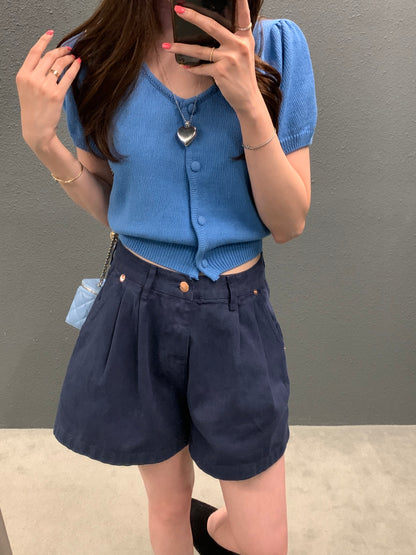 Tue. 泡泡袖針織圓領上衣 藍