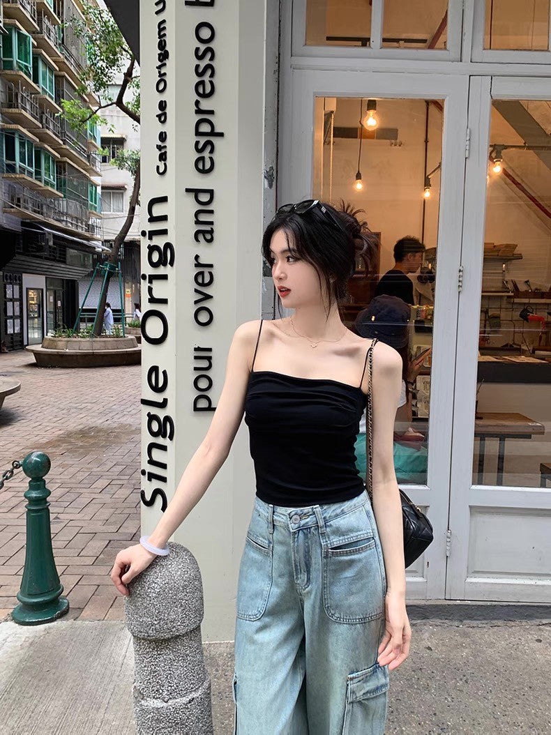 Fri. 春夏薄款帶胸墊抓皺顯瘦背心 灰/黑