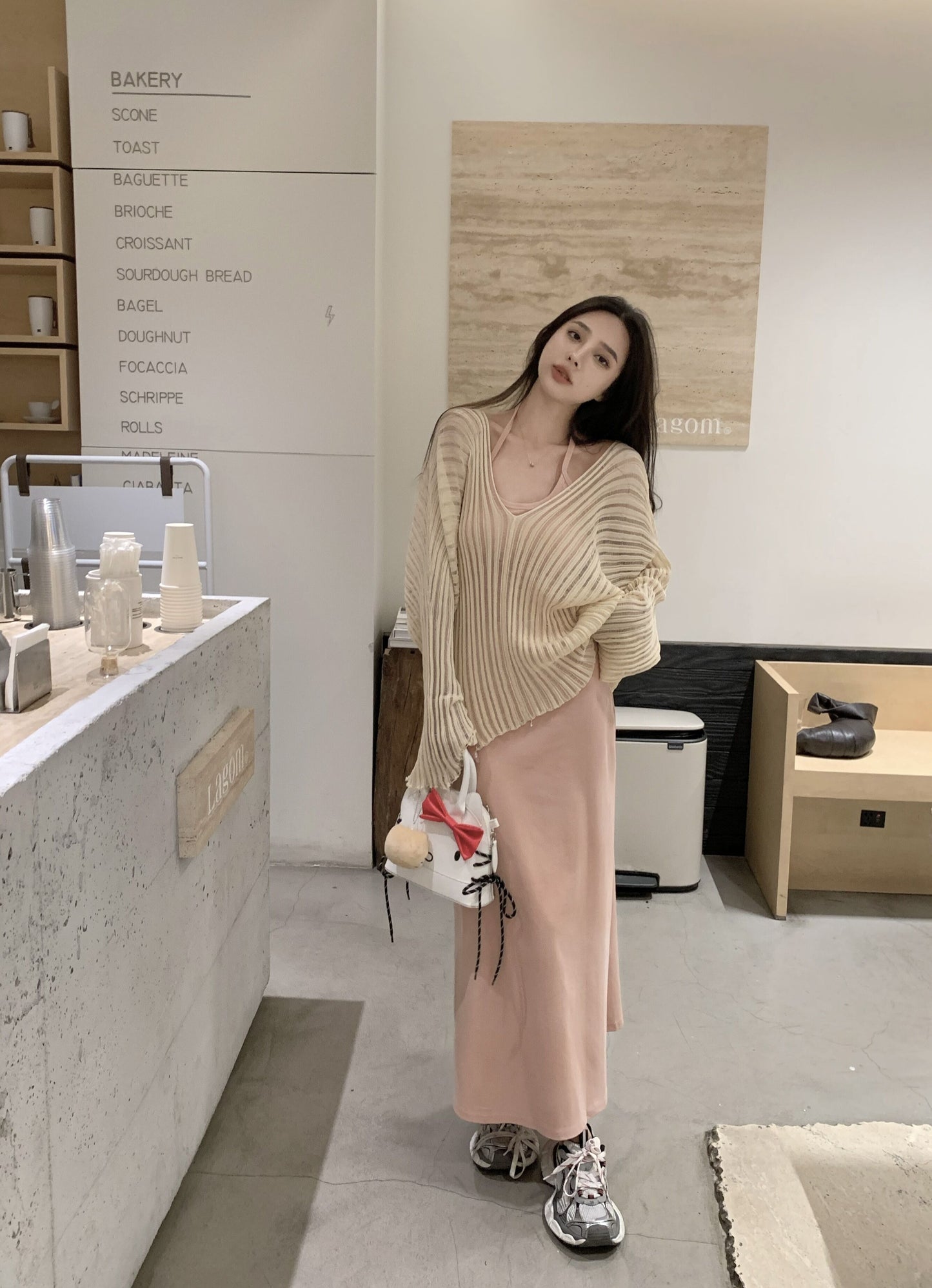 Sun. 慵懶杏色罩衫 & 百搭綁帶連身裙 粉