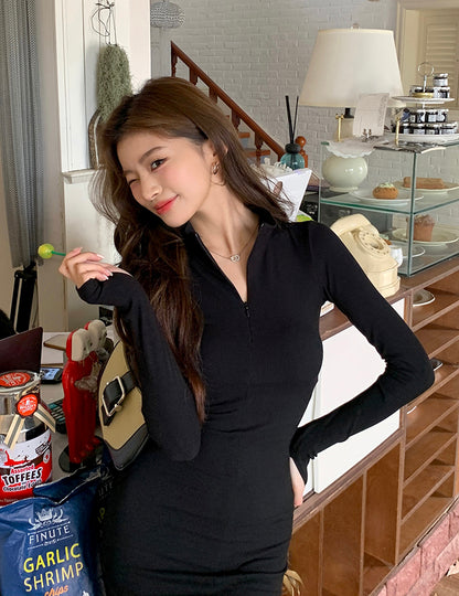 Wed. 半高領歐美性感包臀連身裙 黑