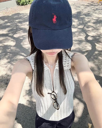 Mon. 法式浪漫 縷空老錢polo領粗針背心