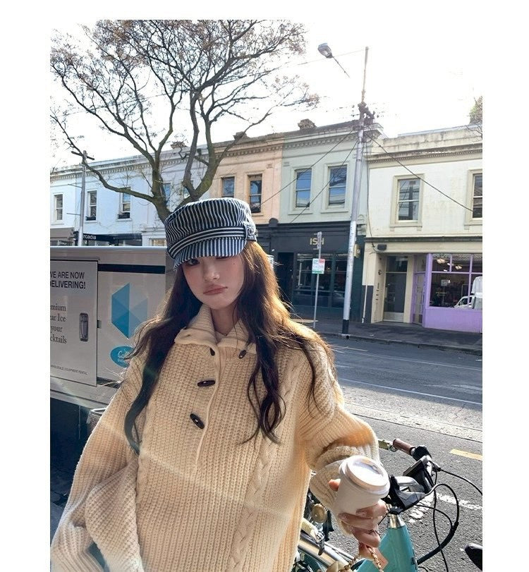 Thu. 濟州橙酒 厚麻花鈕扣高領針織上衣 杏