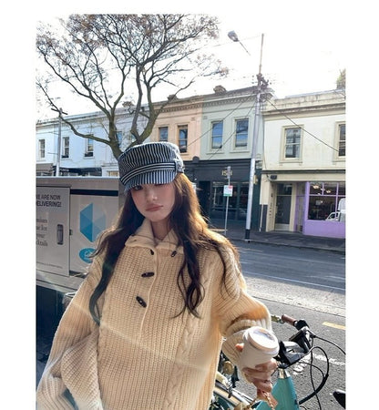 Thu. 濟州橙酒 厚麻花鈕扣高領針織上衣 杏