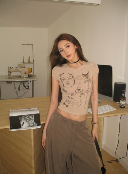 Mon. 古著塗鴉短版上衣 棕