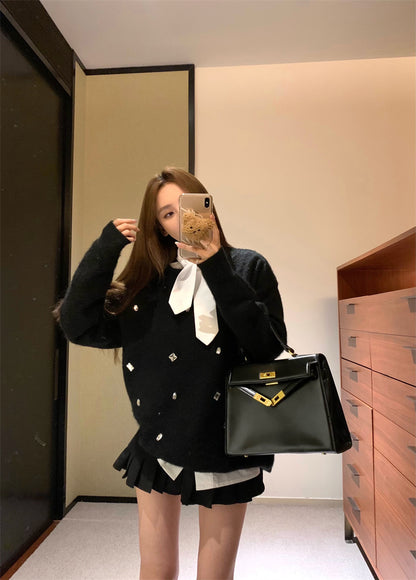 Tue. 軟糯釘鑽圓領針織上衣 領結白襯衫