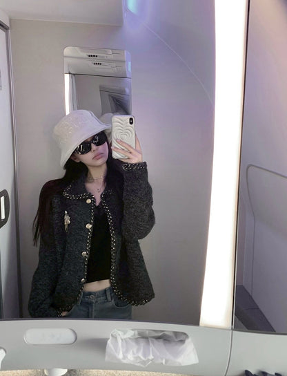 Fri. 灰金系列低奢老錢粗編毛衣外套