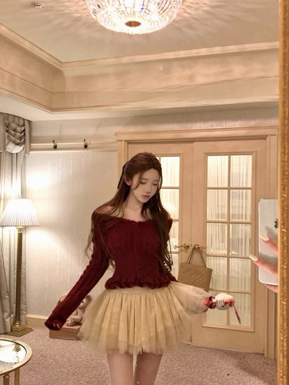 Tue. 溫婉雪松vtg木耳邊翻領羊毛衣 蛋白皺皺半身裙 紅/短款