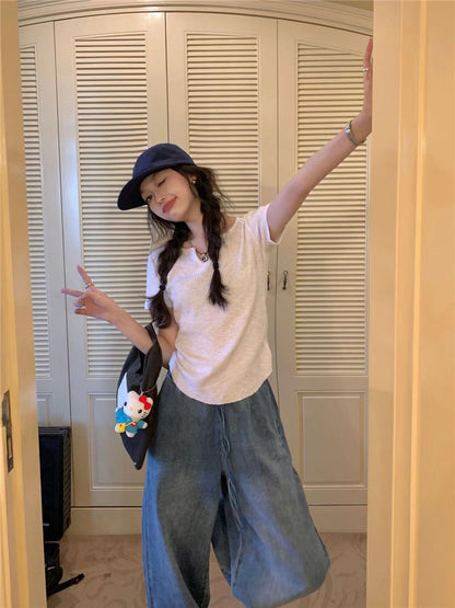 Thu. 牛仔繩綁帶鬆緊牛仔拖地長褲