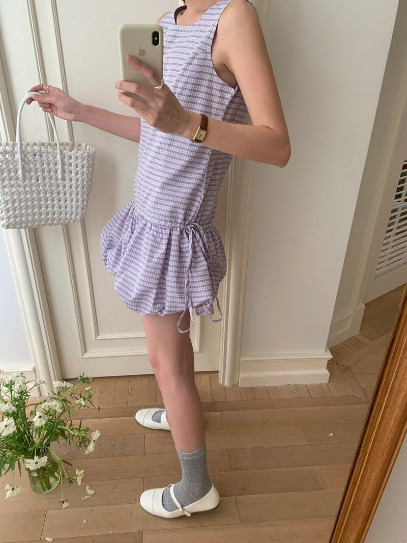 Mon. 紫色浪漫背心拼接花苞抽繩連身裙 格紋