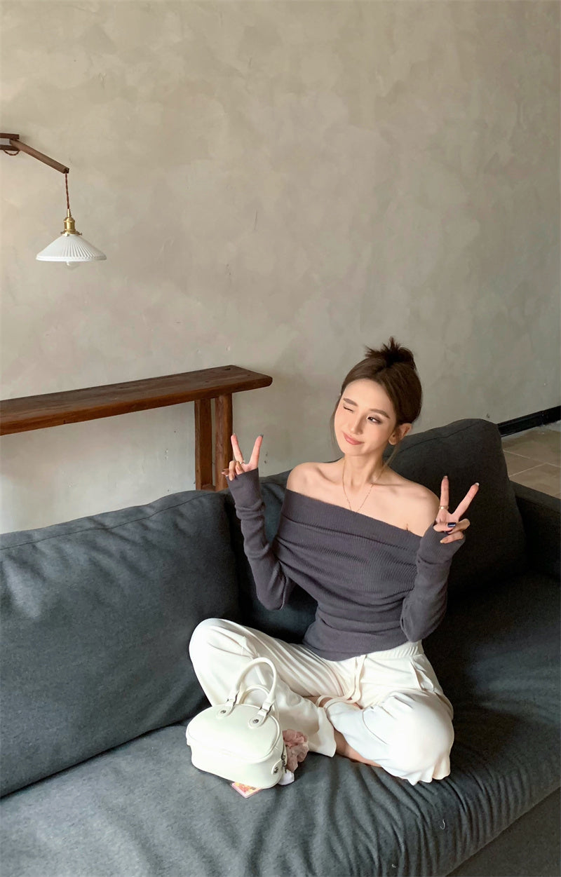 Wed. 慵懶氣質一字肩針織上衣 紫灰