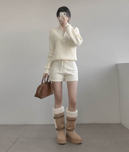 Fri. 慵懶立領針織短褲套裝 灰/米
