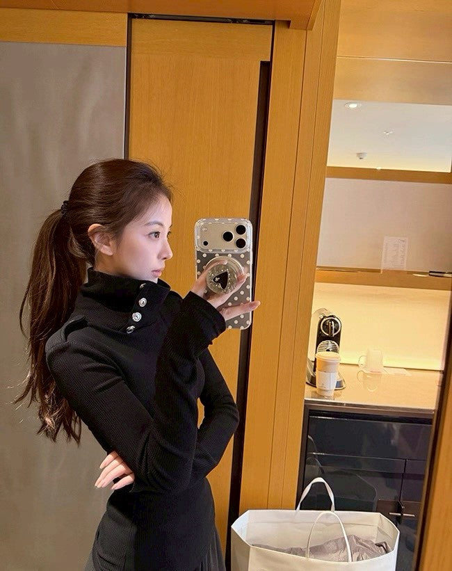 Mon. 時髦肩章高領打底針織衫 灰/黑